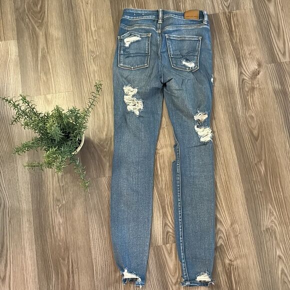 HEAVILY DISTRESSED AMERICAN EAGLE HI RISE JEGGINGS SIZE 0 EEEUC - Picture 8 of 9